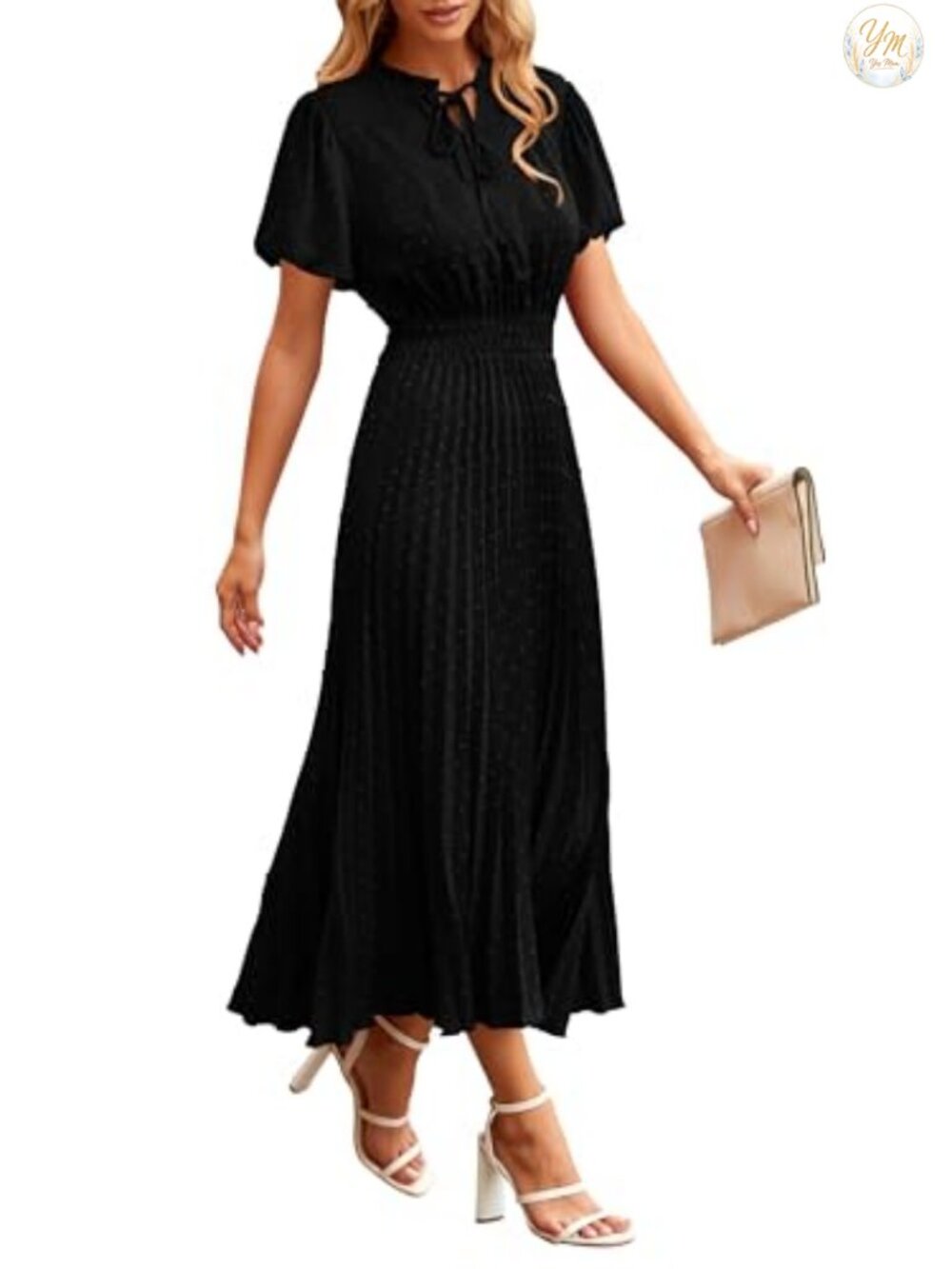 Womens Midi Dress Puff Short Sleeve V Neck Swiss Dot Pleated A Line Flowy